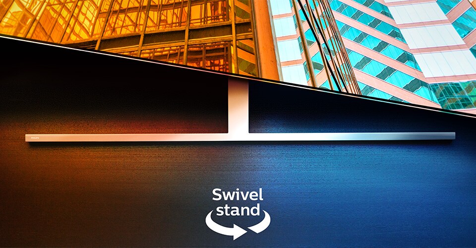Un televizor Philips Ambilight pe un suport pivotant, afișând două scene arhitecturale colorate, cu o săgeată și text care indică funcția de pivotare